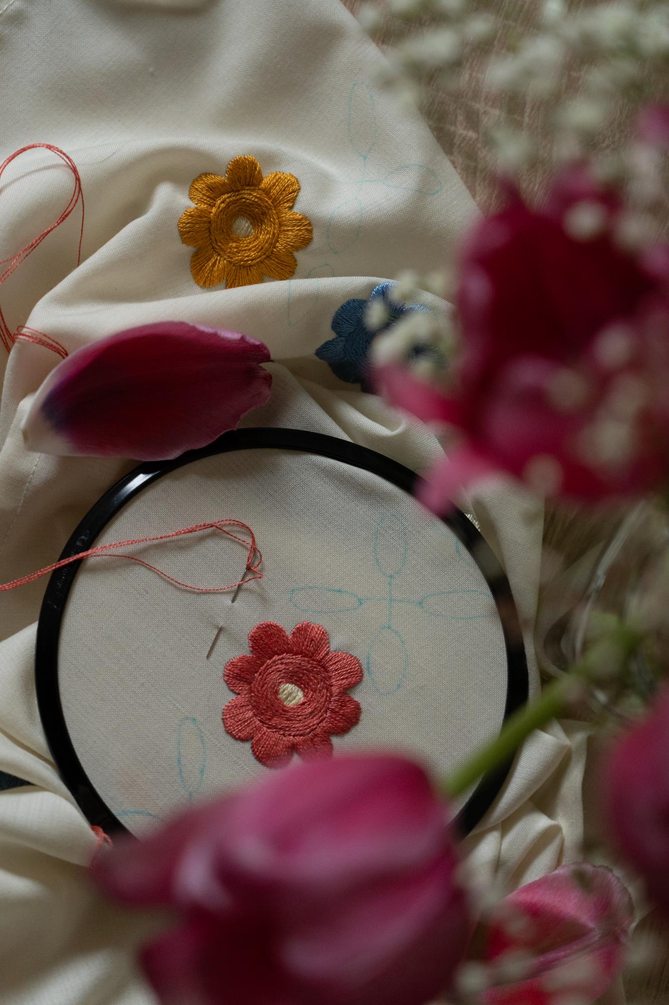 Closeup of embroidered floral patch on fabric