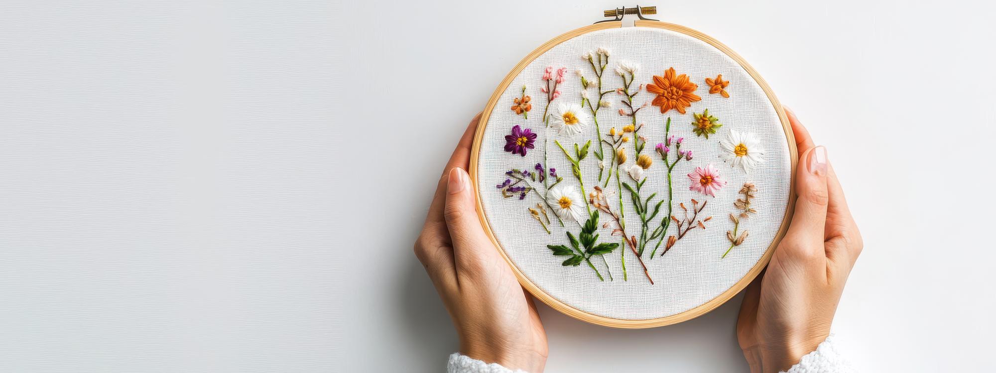 Person embroidering a floral patch