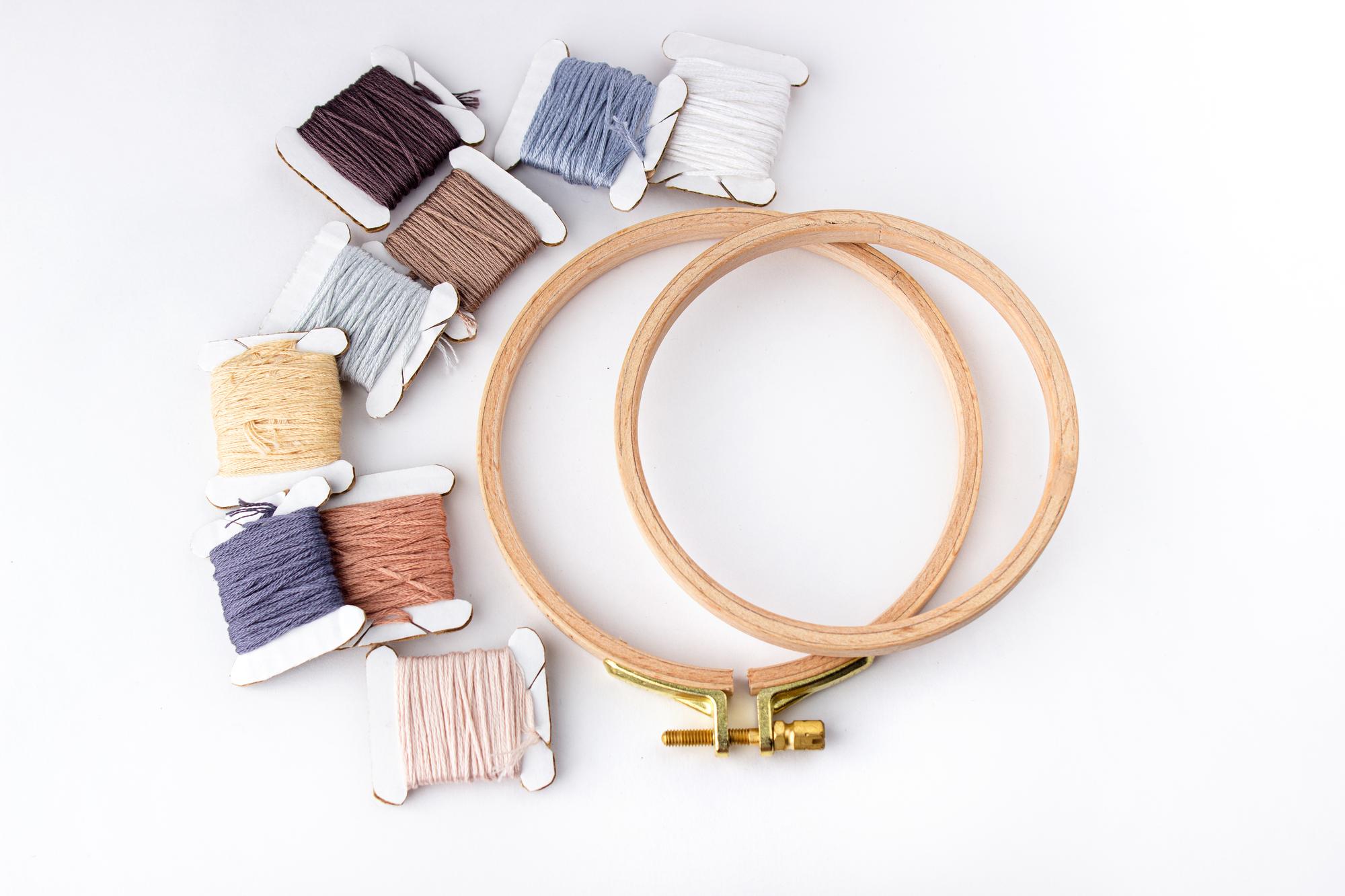 Assorted embroidery threads and hoops